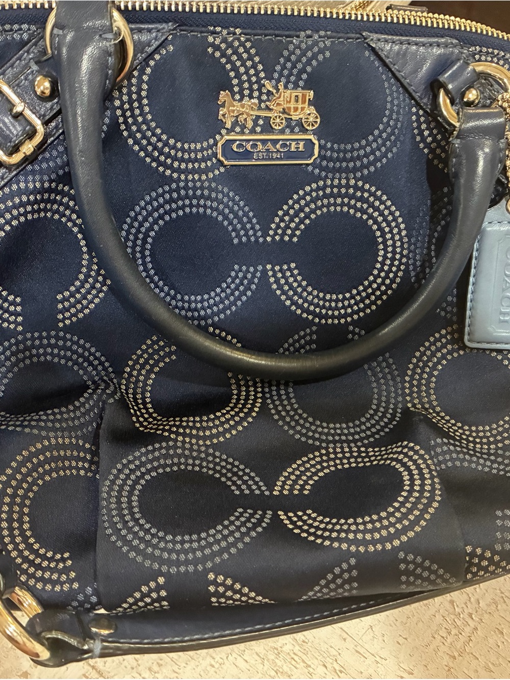 Coach Navy Circle Print Shoulder Bag with Gold Hardware